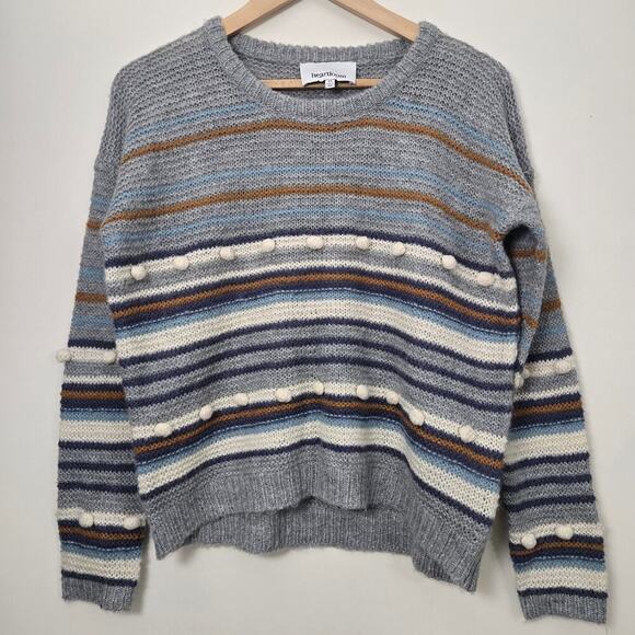 Heartloom Wool Mohair Pom Pom Knit Sweater Size XS Gray Striped Casual Boho Fall - Picture 1 of 9